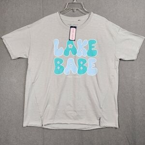 Simply Southern Lake Babe Tee In Gray with Blue Bubble Letters Size M/L